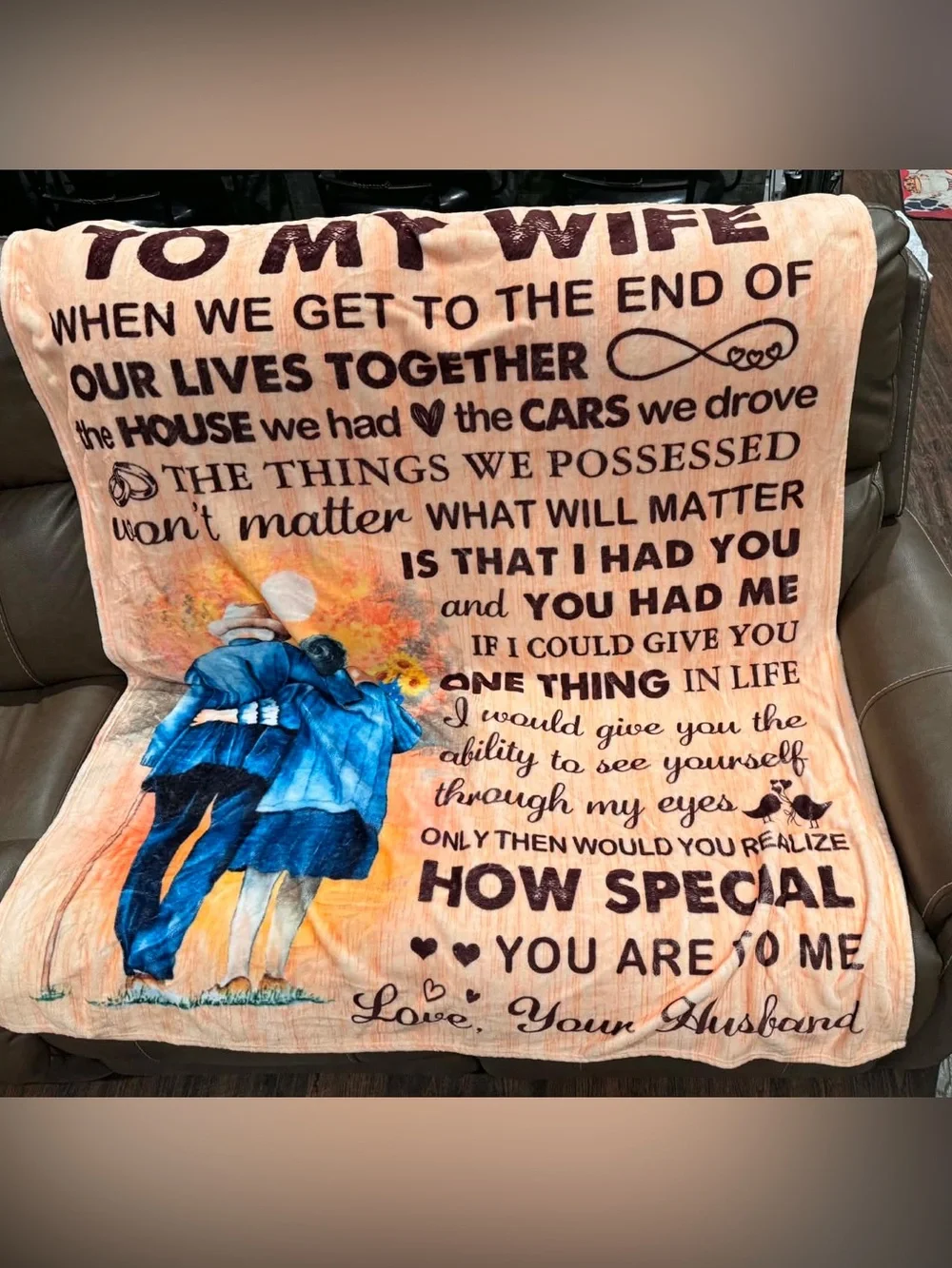 To My Wife Plush Blanket - Love, Your Husband - Peach/Blue 49x59”